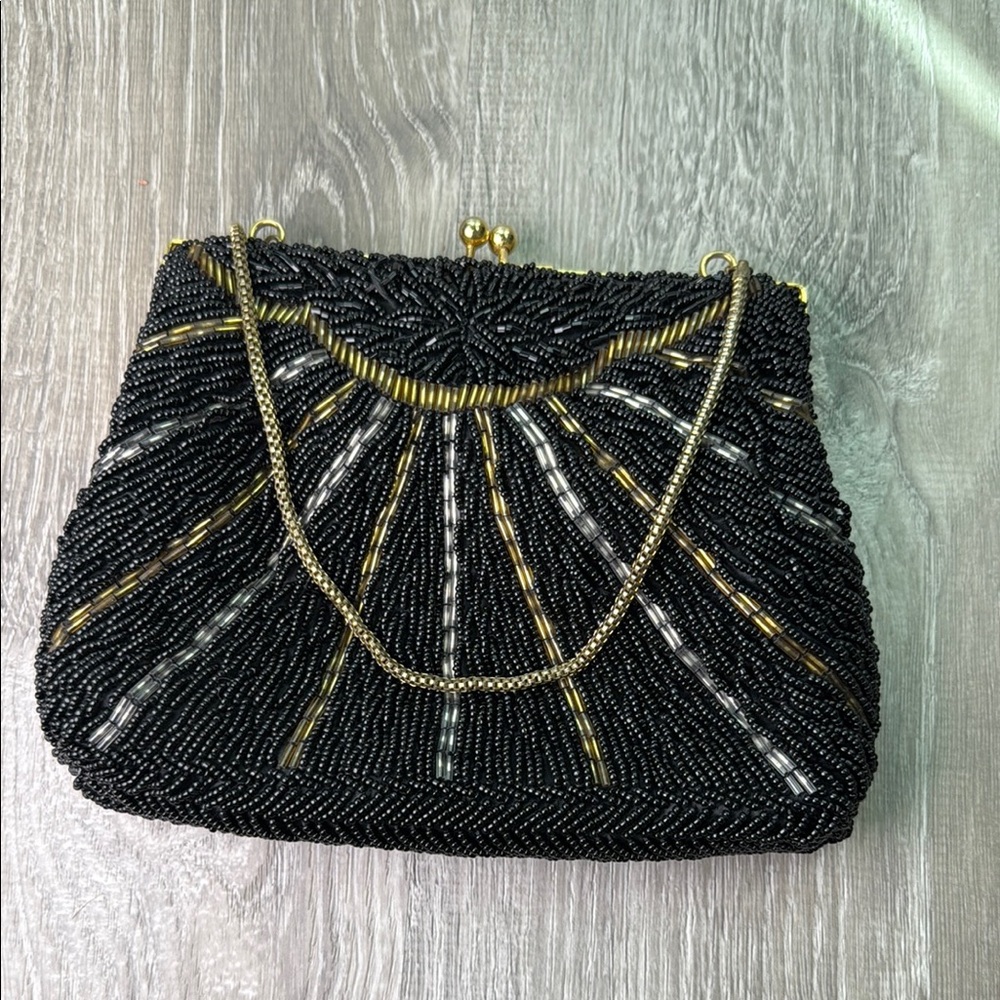 Elegant Black and Gold Beaded Evening Bag